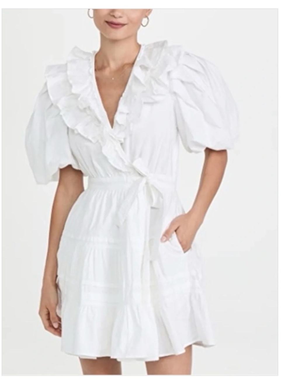 Love the Label Large L white Remy mini dress ruffled v neck puff sleeves